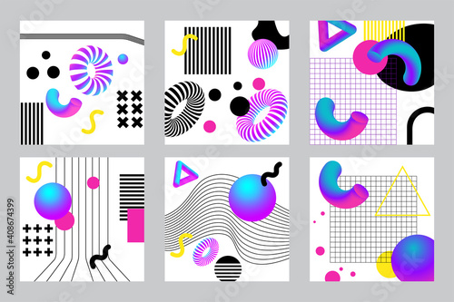 Vibrant 3d geometry and lines abstract collages set. Vector design for social media and visual content, web and UI design, posters, collage, branding.