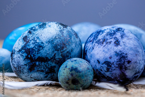 Blue Easter eggs close-up, selective focus, shallow depth of field.