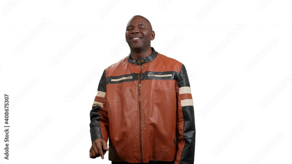 Handsome black man, waist up, double taps the screen with on finger and smiles on white background Handsome black man, waist up, double taps the screen with on finger and smiles on white background