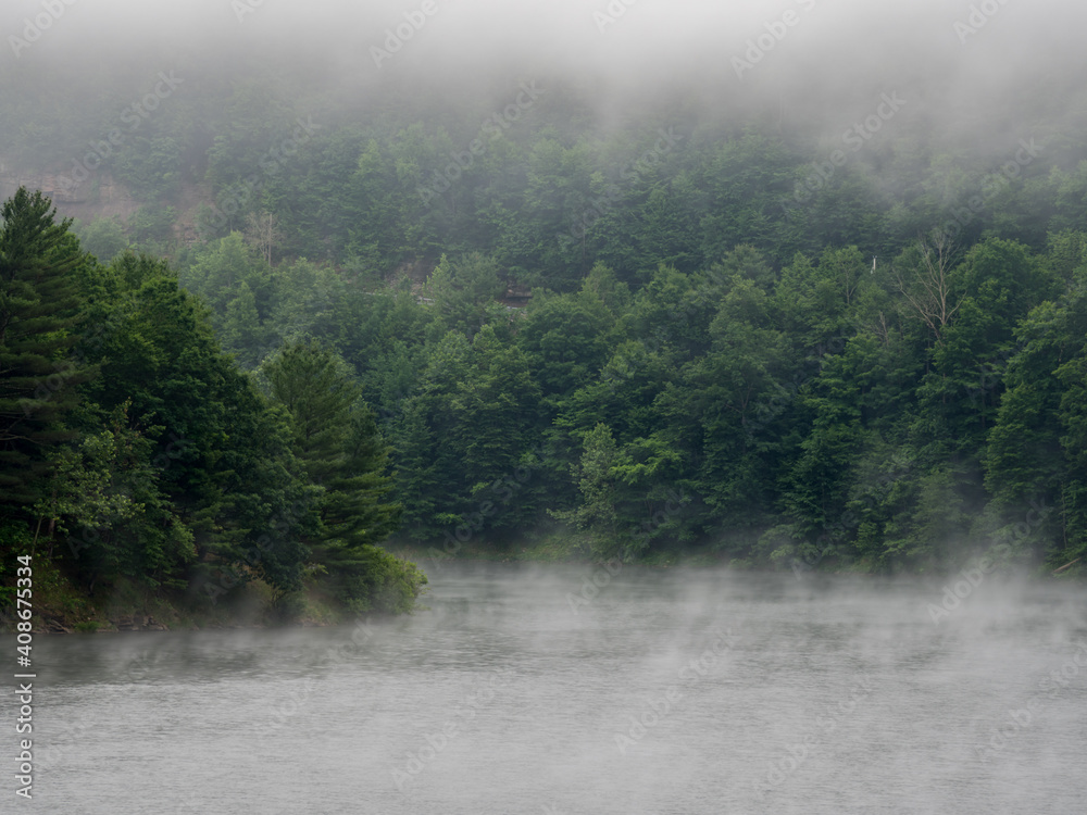 Foggy forest lake, low clouds over green woods, with mist floating above the surface of the water.