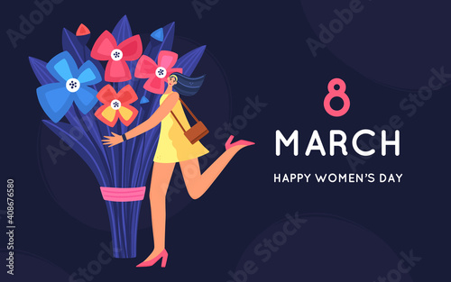 8 March. International Women's Day. Beautiful and joyful girl holding huge bouquet of flowers. Disproportionate body. Trendy character design. Spring holiday. Poster, invitation, banner. Vector