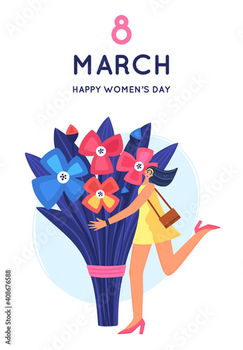 8 March. International Women's Day. Beautiful and joyful girl holding huge bouquet of flowers. Disproportionate body. Trendy character design. Spring holiday. Poster, invitation, banner. Vector