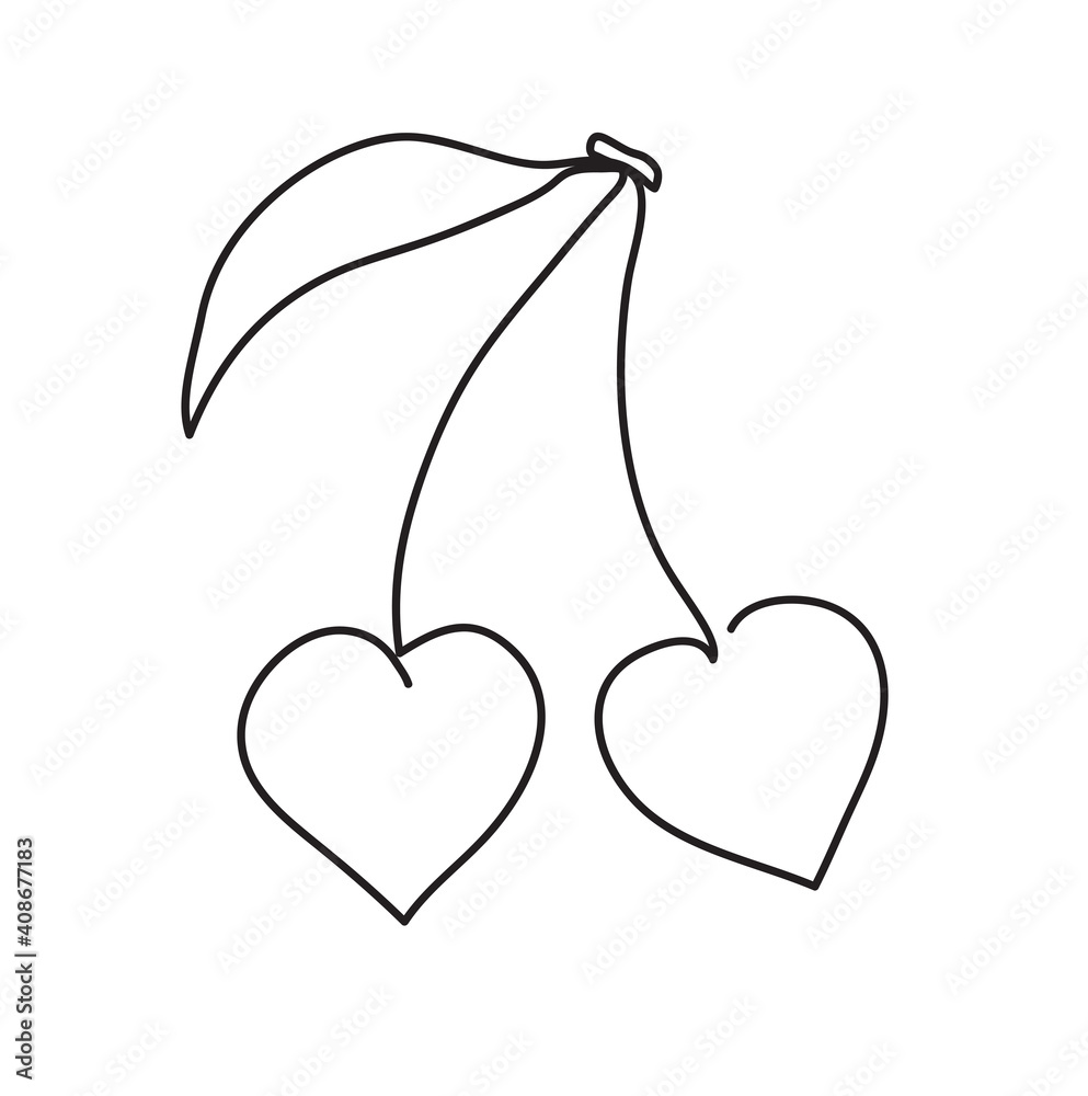 Pair of cherries like two loving hearts. Continuous line art drawing.  Couple of hearts symbolize love. Vector illustration Stock Vector