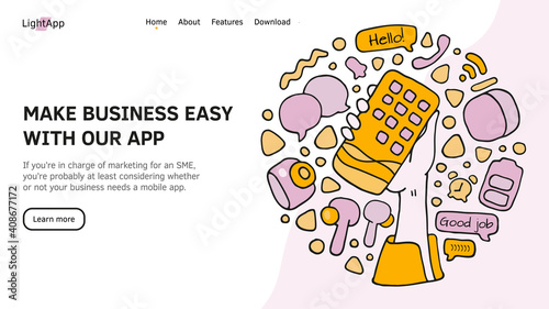 Header for the site. Mobile phone in hand. Smartphone interface elements. Make business easy with our app. Circle set in colored Doodle style. Vector EPS 10