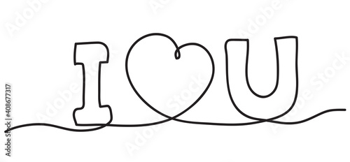 I love you with heart. Happy Valentines Day. Abstract love symbol with handwritten text. Continuous line art drawing vector illustration
