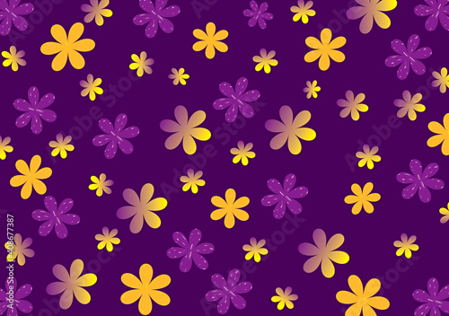 Purple motif wrapping flower, fabric or background. Illustration of a blooming background with a pattern of yellow and purple flowers.