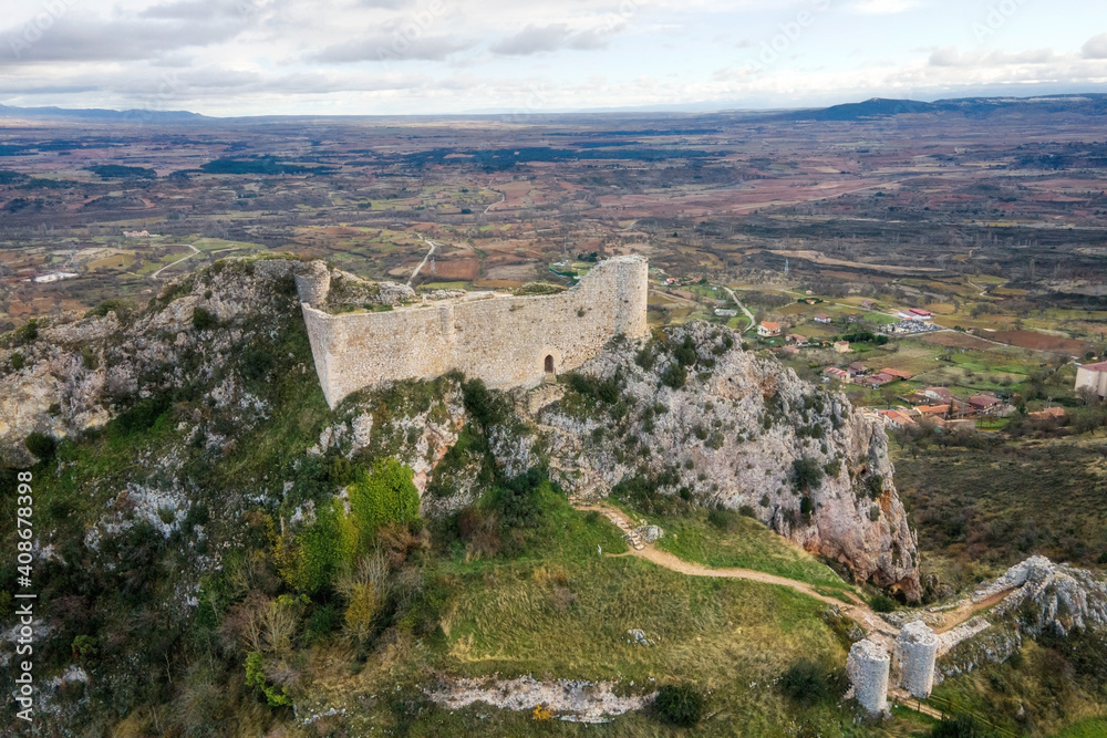 Aerial view of Poza de la Sal castle and village in Burgos, Castile and Leon, Spain . High quality 4k footage