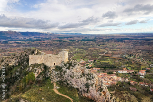 Aerial view of Poza de la Sal castle and village in Burgos, Castile and Leon, Spain . High quality 4k footage photo
