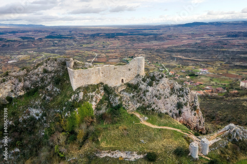 Aerial view of Poza de la Sal castle and village in Burgos, Castile and Leon, Spain . High quality 4k footage © herraez