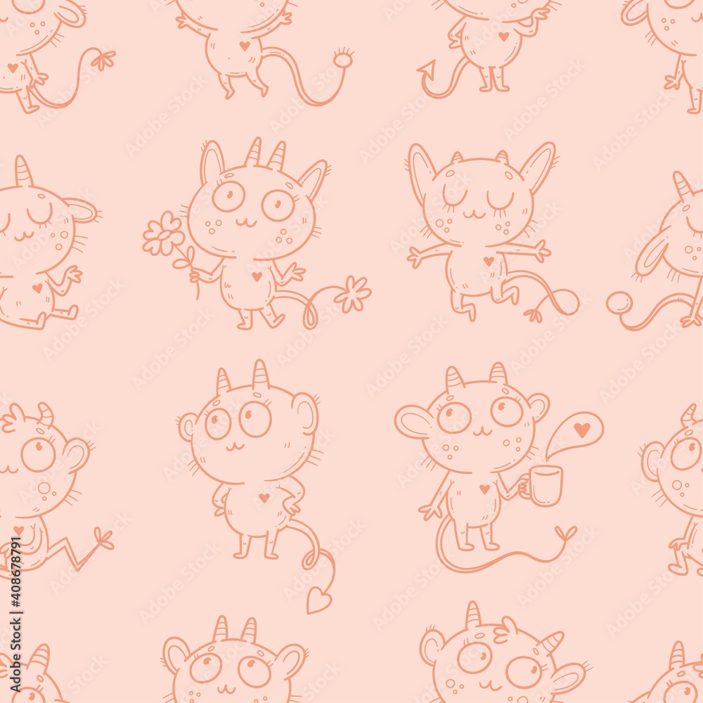 Valentine's day seamless pattern with cute cartoon imp on pink background. Greeting wallpaper with doodle funny animal. Line art poster for children. Vector holiday print.