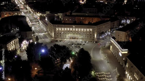 D-Log. Voronezh, Russia. Lenin Square. The administrative building of the government of the Voronezh region. Koltsovsky square. City night view, Aerial View photo