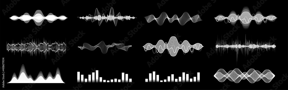 Diverse set sound waves, equalizer, voice assistant. Microphone voice control technology, voice and sound recognition. Hi-tech Ai assistant voice. HUD graph signal. Set sound waves for Web, UI, App