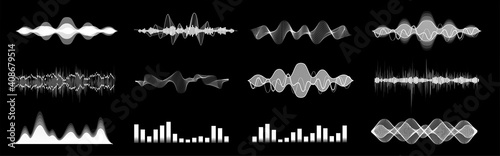 Diverse set sound waves, equalizer, voice assistant. Microphone voice control technology, voice and sound recognition. Hi-tech Ai assistant voice. HUD graph signal. Set sound waves for Web, UI, App