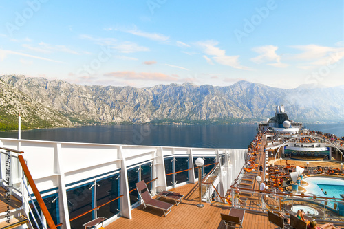 View from the upper level deck of a large cruise ship in the Bay of Kotor on the Adriatic in Kotor, Montenegro.