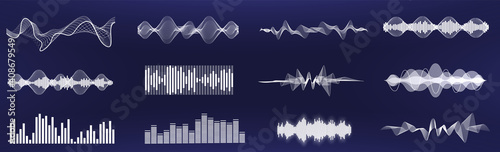 A set of custom sound waves. Frequency audio waveform, music wave in one color, easy to recolor. Tune equalizer vector set. Futuristic sound waves in HUD. Voice graph signal. Soundwaves rhythm. Vector photo