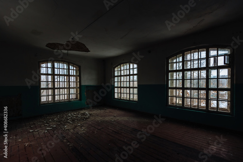 Inside old Orlovka Asylum for the insane in Voronezh Region. Dark creepy abandoned mental hospital