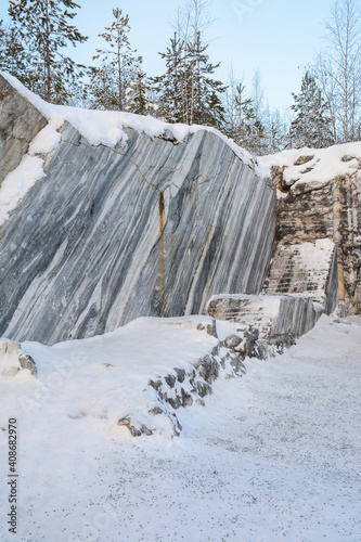 Italian quarry in Ruskeala mountain park in winter