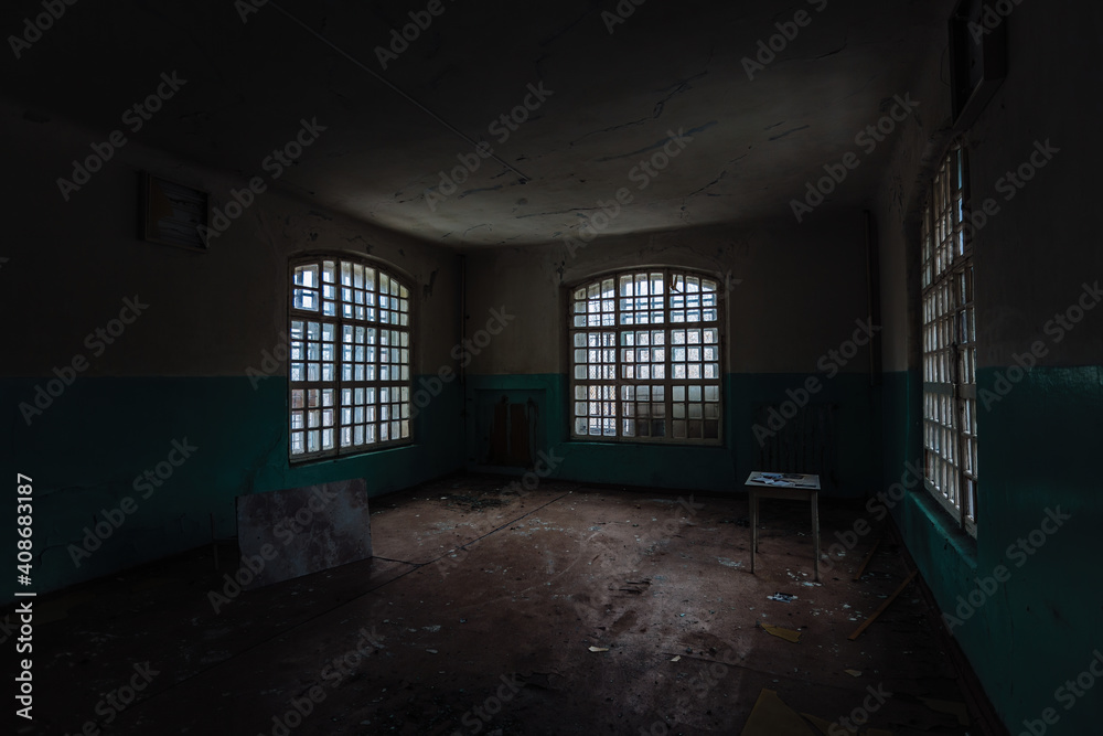 Inside old Orlovka Asylum for the insane in Voronezh Region. Dark creepy abandoned mental hospital