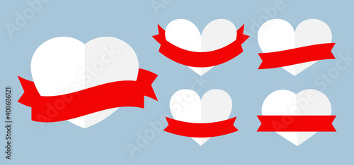 White hearts gloss labels with red ribbons set. Different shape heart empty for sale price. Template for text banner special offer of Valentine day. Luxury decorative modern. Vector illustration