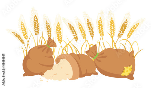 Bag flour and wheat ears, cartoon composition. Heap flour, gold grain spikelets. Harvest agricultural symbol flour production. Design organic farm elements, organic packaging label vector