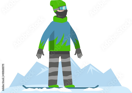 Active winter entertainment, winter sports, snowboarding. An outfitted snowboarder in a mask, goggles and a hat stands against the backdrop of mountain peaks. Flat infographics. Vector illustration..