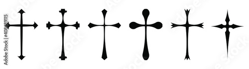 Vector collection of black ink or paint religion or faith cross symbol set isolated on white background. Abstract christian religious belief or faith art illustration for orthodox or catholic design