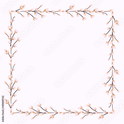 square frame made of willow twigs. Square Easter Frame.Vector flat illustration isolated on a white background. Design for invitations, postcards, printing.