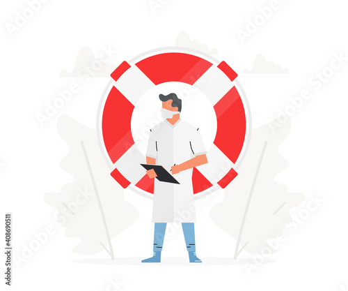 The doctor stands in front of a large life buoy. Hospital man profession concept vector illustration.
