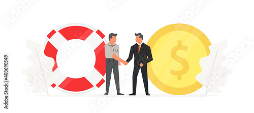 Businessmen make a contract before large lifebuoy and coin. People talk about saving businesses and insurance company