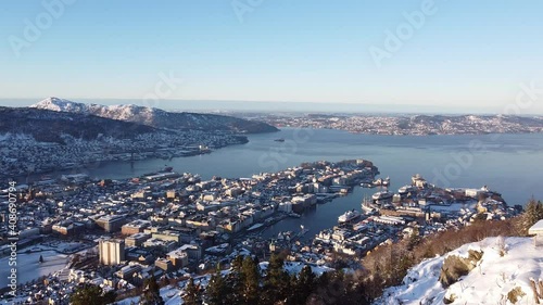 Aerial shot from Snow covered mountain walkway through Beautiful Bergen Background photo