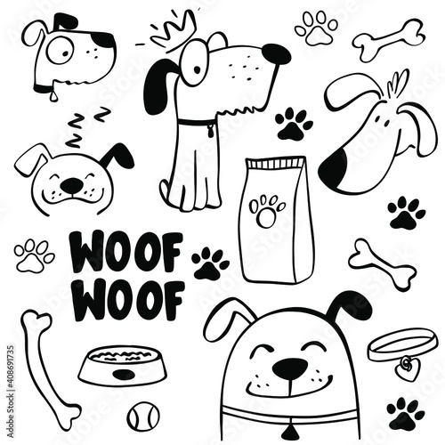 Hand drawn set of dog icons and pet accessories elements in doodle style.