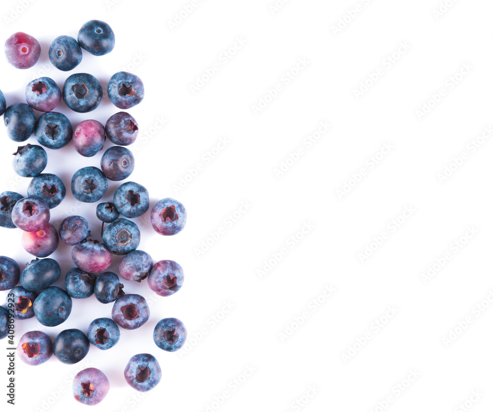 Fresh blueberries and leaves, berry frame isolated on white background, top view Fresh blueberries and leaves, berry frame isolated on white background, top view