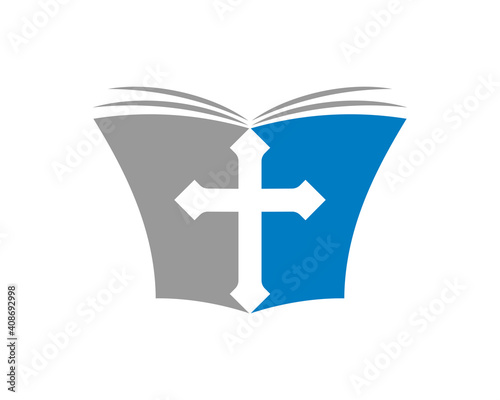 the open book page with christian cross symbol in the middle