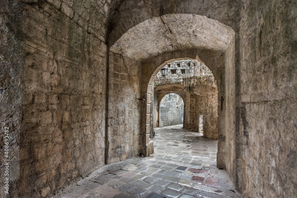 Narrow archway in the ancient streets of Kotor Old Town,Montenegro.