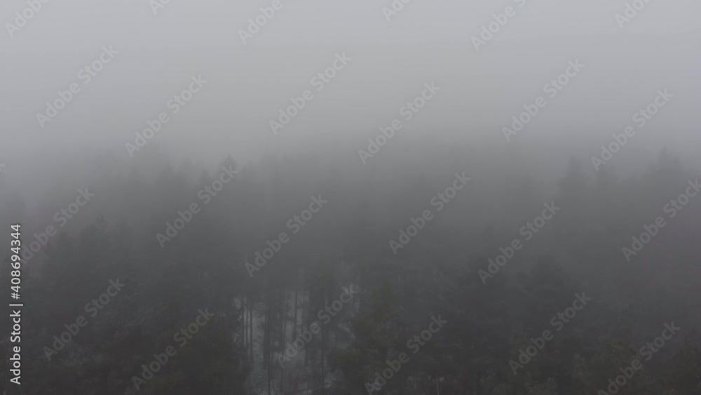 Aerial shot above the dark forest with the fog, mysterious and dark mood, no clear visibility. the camera zooms in Aerial shot above the dark forest with the fog, mysterious and dark mood, no clear visibility. the camera zooms in