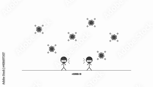 Vector minimal COVID-19 people wearing face mask outdoor and keep social distancing awareness concept with black and white color background.