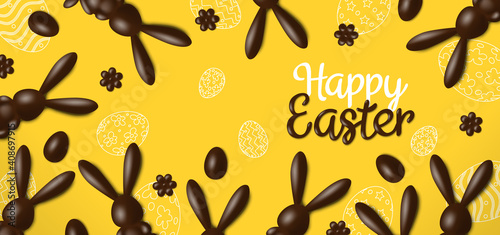 happy easter banner greeting card design with 3d chocolate rabbits eggs flowers  on yellow background