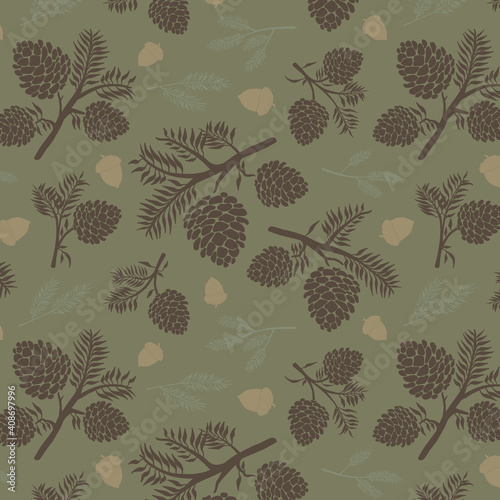 Pinecone and acorn monocomatic green backgrounds. Vector pattern. Autumn theme