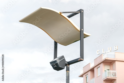 Street LED lamp new technology for smart and ECO City. LED lamps with energy-saving technology. Street lighting. Light pole closeup..