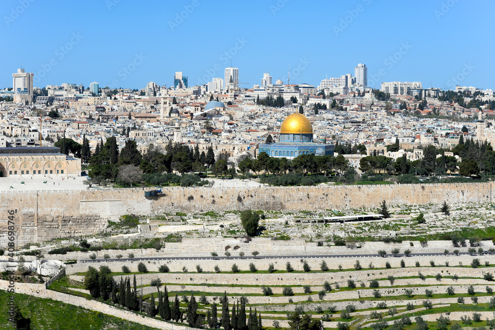 Jerusalem skyline seen from the Mount of Olives showing the Dome of the Rock, Eastern Wall and the new part of the city as background. Holy city.