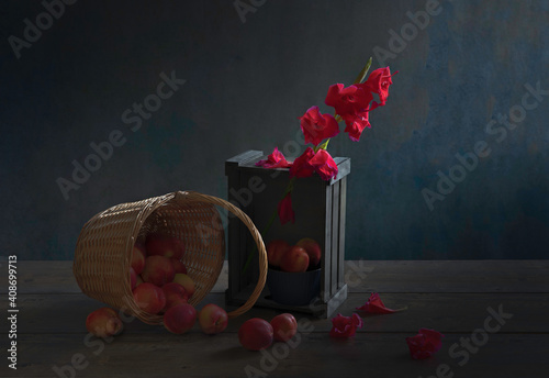 still life with red flowers
