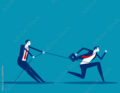 Business person uses a rope to pull his companion. Competition