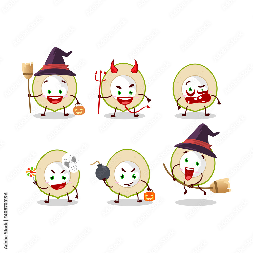 Halloween expression emoticons with cartoon character of slice of green coconut