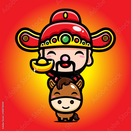 The cute god of wealth / cai shen cartoon character riding a horse