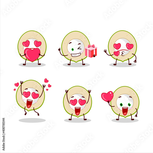 Slice of green coconut cartoon character with love cute emoticon