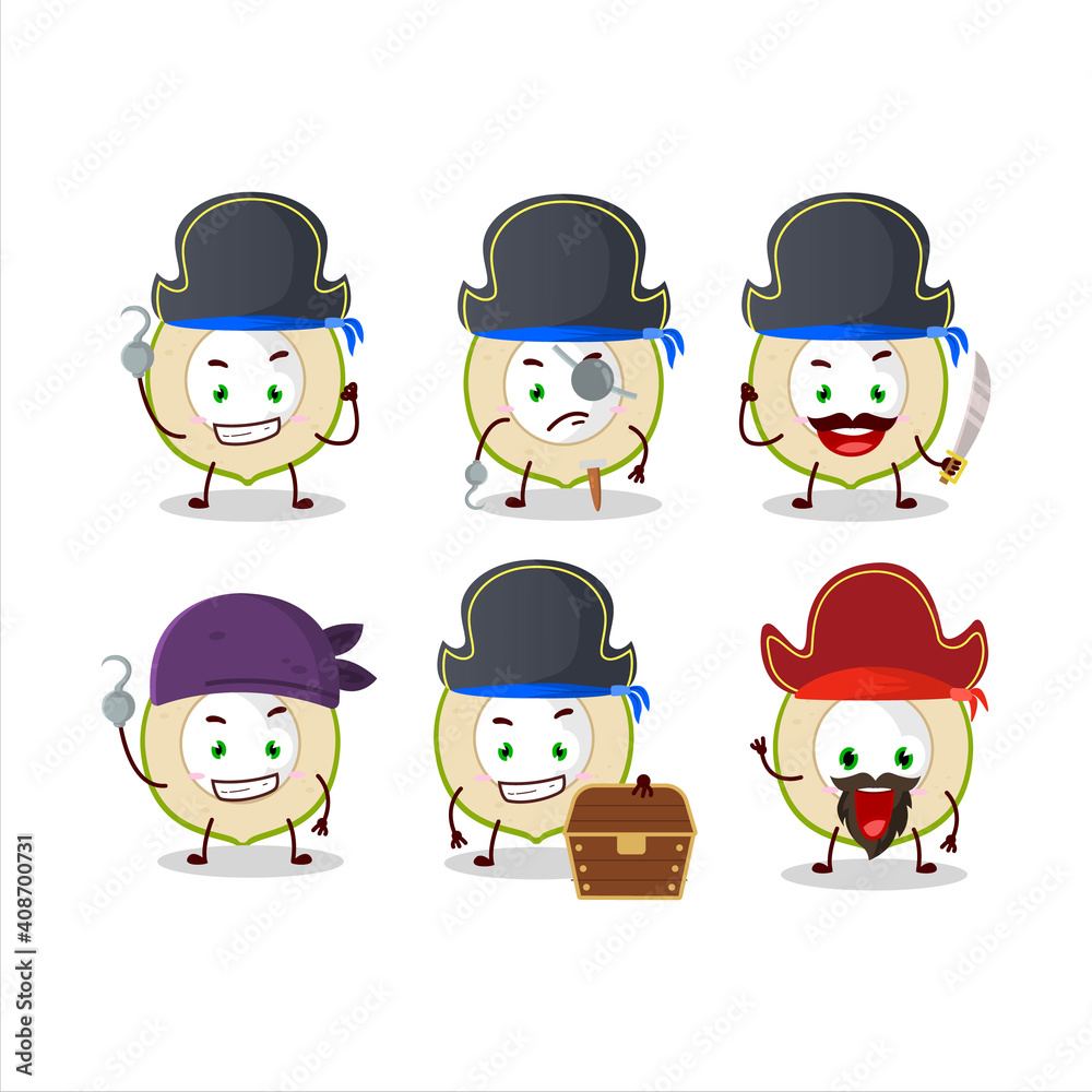Cartoon character of slice of green coconut with various pirates emoticons Cartoon character of slice of green coconut with various pirates emoticons