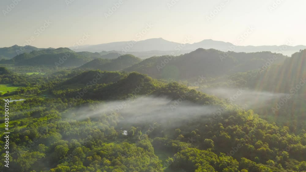 Hyper lapse video 4k, Aerial view Beautiful of morning scenery Golden light sunrise And the mist flows on high mountains