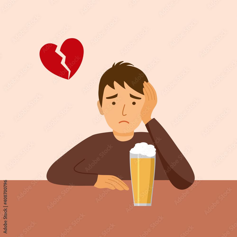Broken heart man drinking beer at pub in flat design. Male feel hurts after breakup with his girlfriend. Broken heart man drinking beer at pub in flat design. Male feel hurts after breakup with his girlfriend.