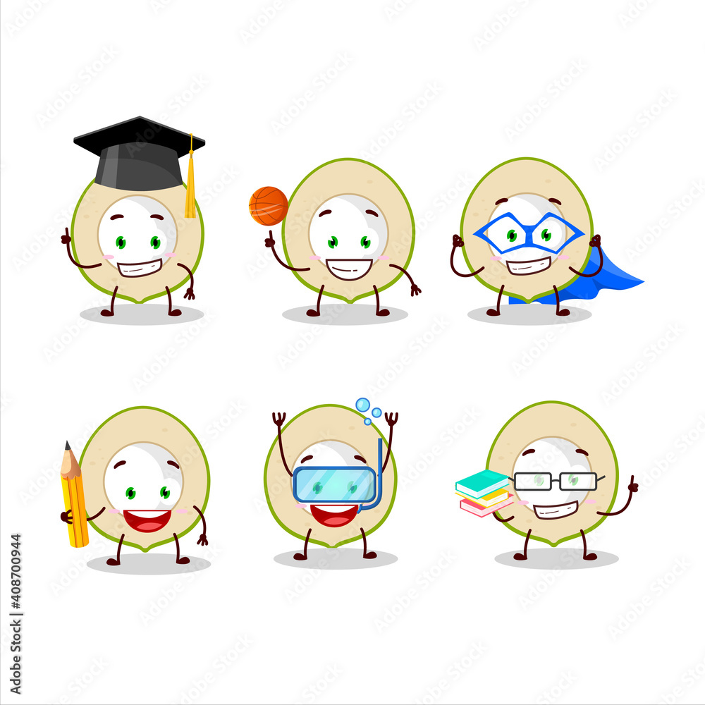 School student of slice of green coconut cartoon character with various expressions School student of slice of green coconut cartoon character with various expressions