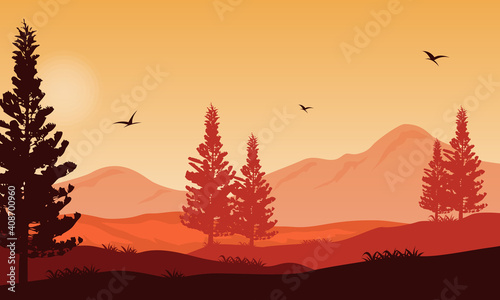 Nice views spruce trees and mountains in the twilight afternoon. Vector illustration